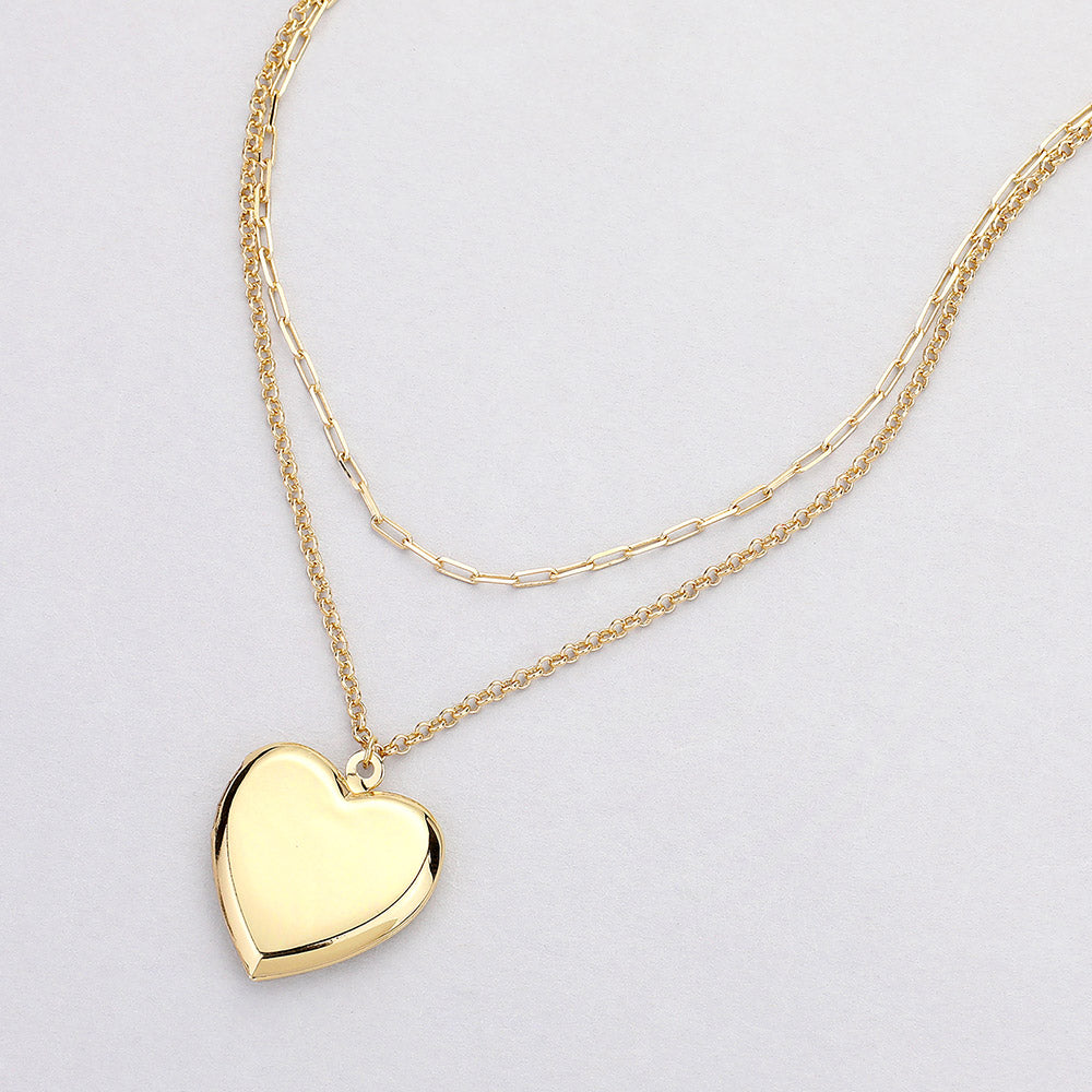 Brass Metal Heart Locket Pendant Double Layered Necklace