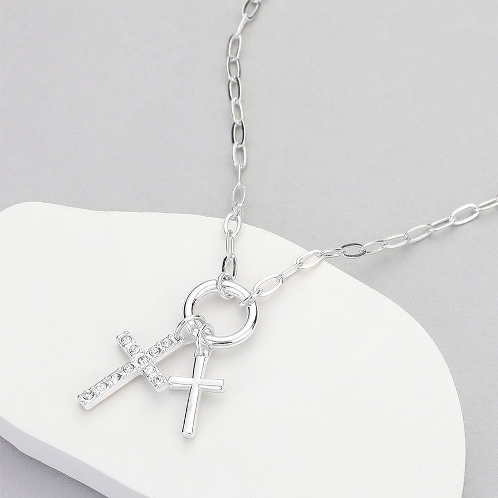 Stone Paved Metal Cross Charms Pendant Paperclip Chain Necklace