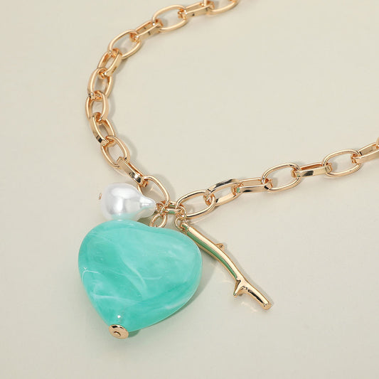 Bold Marbled Resin Heart Pearl Metal Branch Charm Pendant Chunky Chain Necklace in Mint