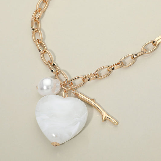 Bold Marbled Resin Heart Pearl Metal Branch Charm Pendant Chunky Chain Necklace in White