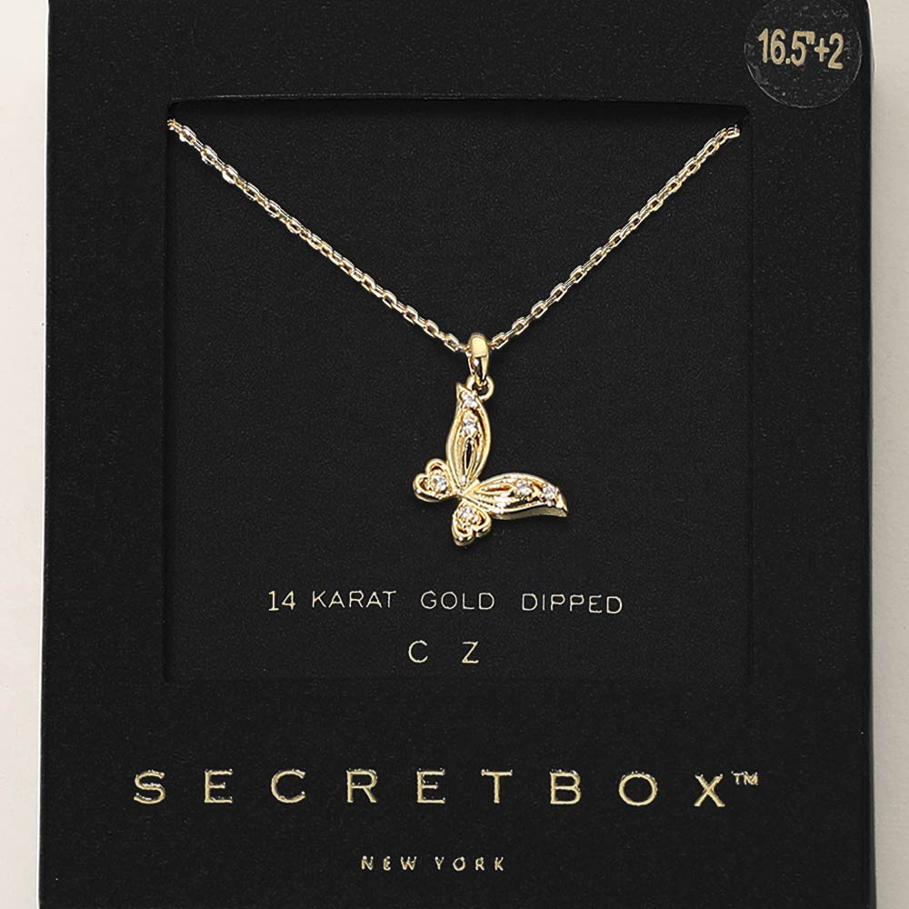 SECRET BOX_14K Gold Dipped CZ Pave Butterfly Charm Pendant Necklace