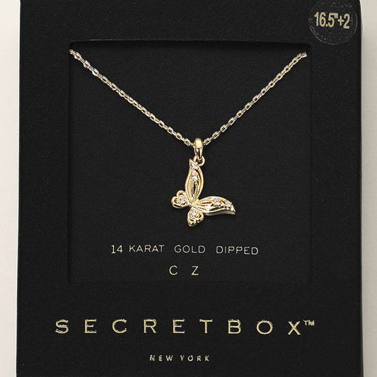 SECRET BOX_14K Gold Dipped CZ Pave Butterfly Charm Pendant Necklace