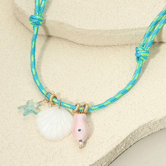 Starfish Seashell Fish Charm Adjustable Cord Necklace