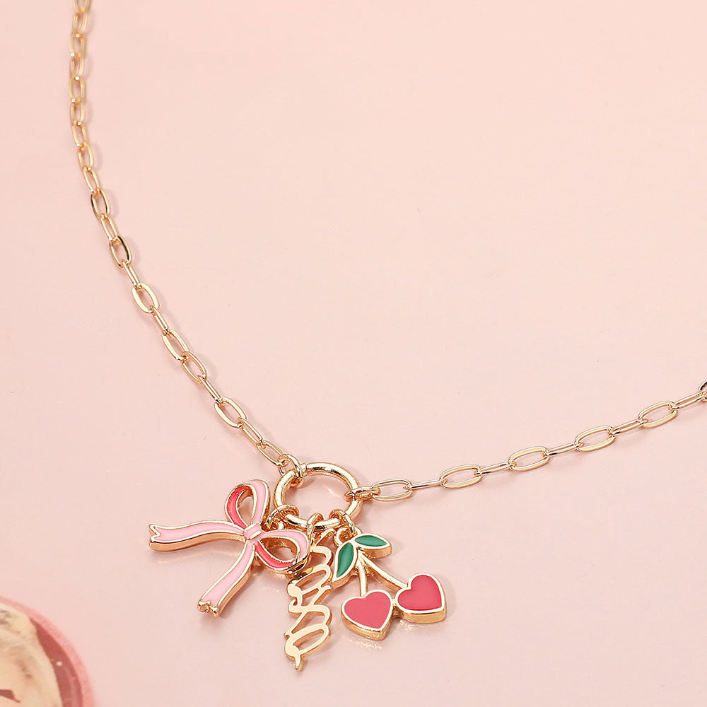 Bow Heart Cherry XOXO Charm Pendant Necklace