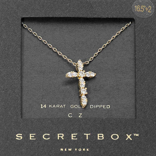 SECRET BOX_14K Gold Dipped Marquise CZ Cross Pendant Necklace