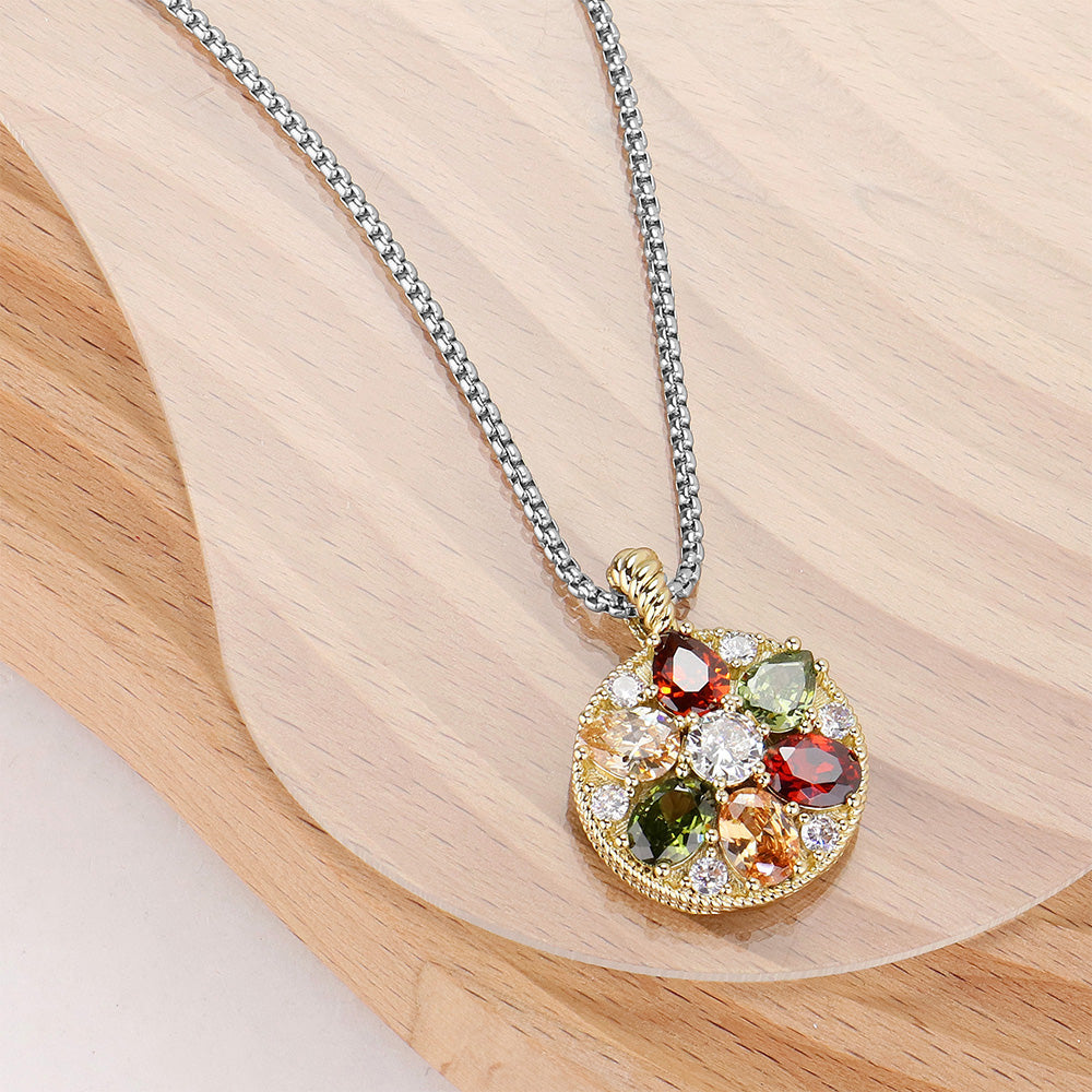 14K Gold Plated Multi Color Marquise CZ Stone Embellished Flower Disc Pendant Necklace