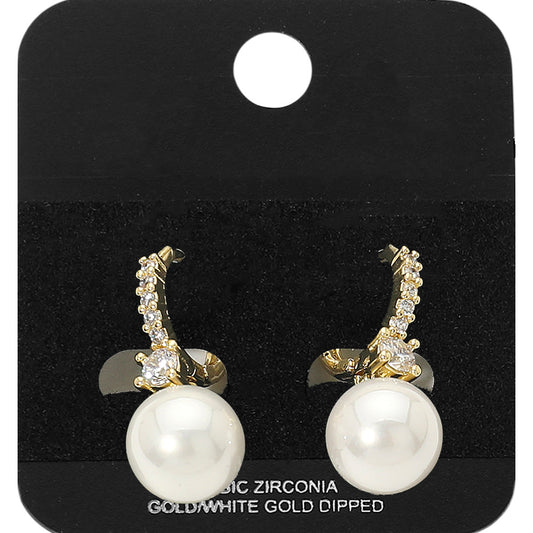 Gold Dipped Pearl Drop CZ Pave Huggie Earrings