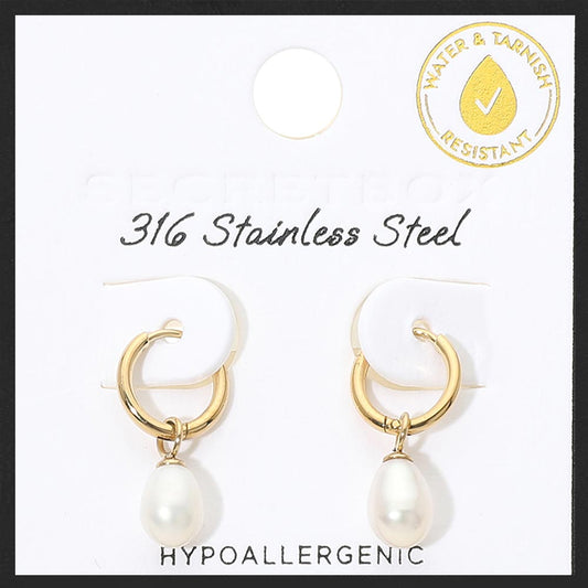 SECRET BOX_Stainless Steel Pearl Charm Drop Huggie Hoop Earrings