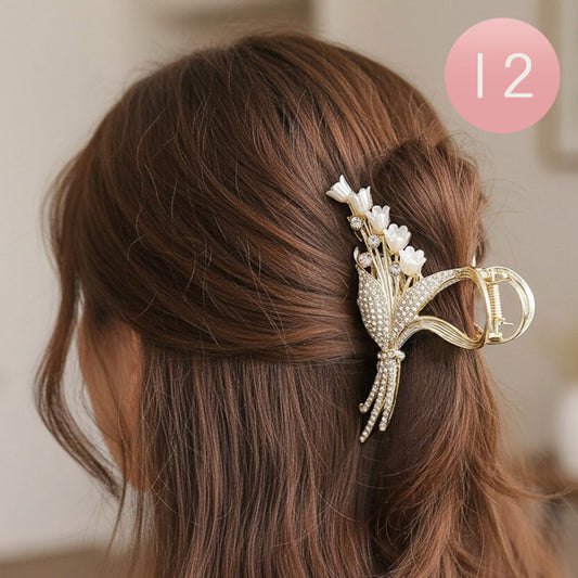 Pearl Floral Rhinestone Pave Hair Claw Clips