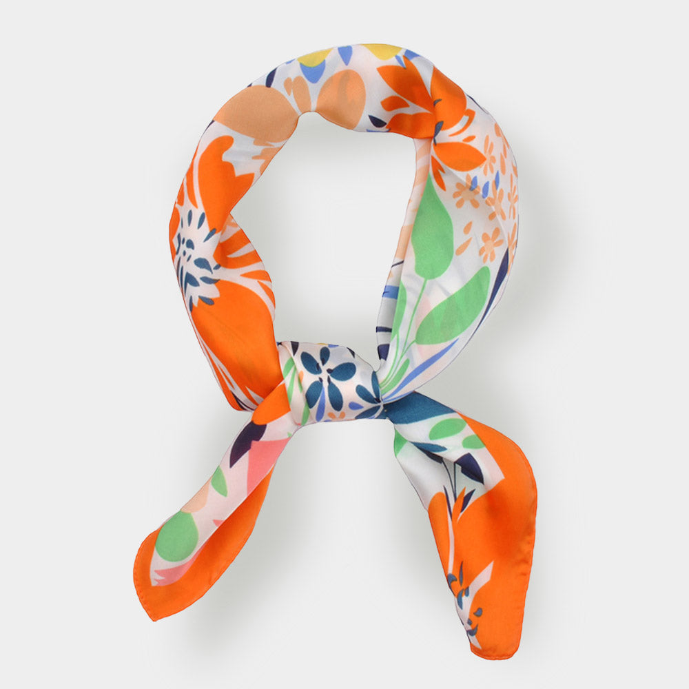 Tropical Flower Printed Square Silky Satin Bandana Scarf