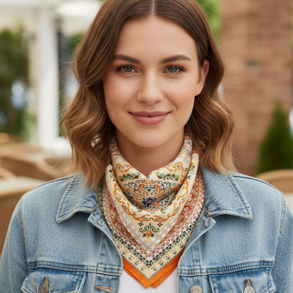 Vintage Baroque Pattern Printed Square Silky Satin Bandana Scarf