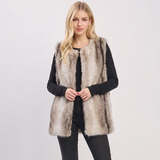 Urban Chic Faux Fur Open Front Hidden Fastening Loops Vest in Beige