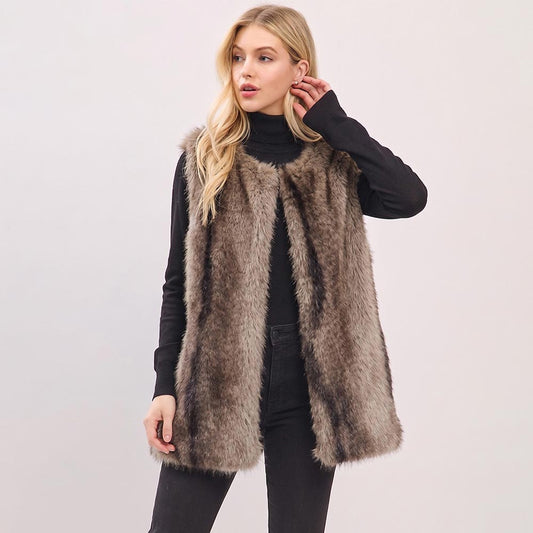 Urban Chic Faux Fur Open Front Hidden Fastening Loops Vest in Brown