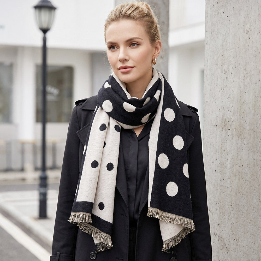 Two Tone Polka Dot Print Reversible Scarf Wrap in Black & Ivory