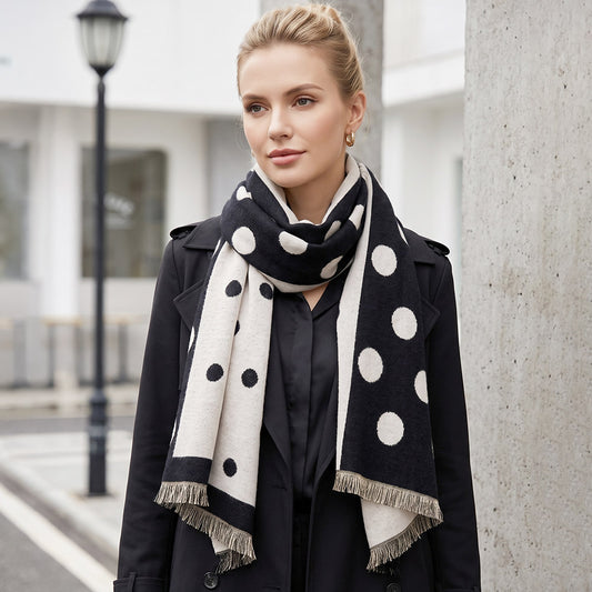 Two Tone Polka Dot Print Reversible Scarf Wrap in Black & Ivory