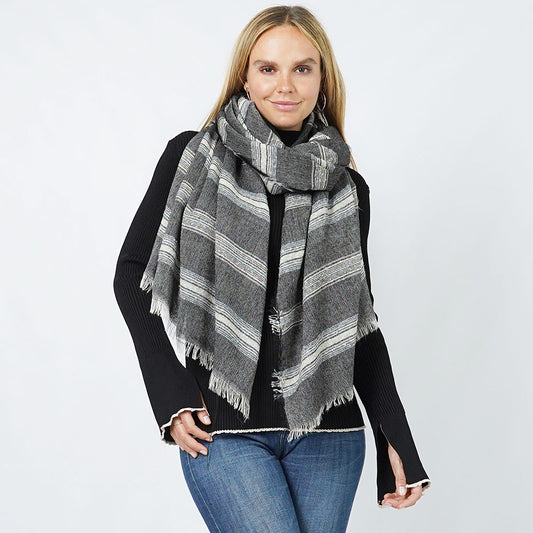 Stripe Woven Oblong Scarf/Shawl Black