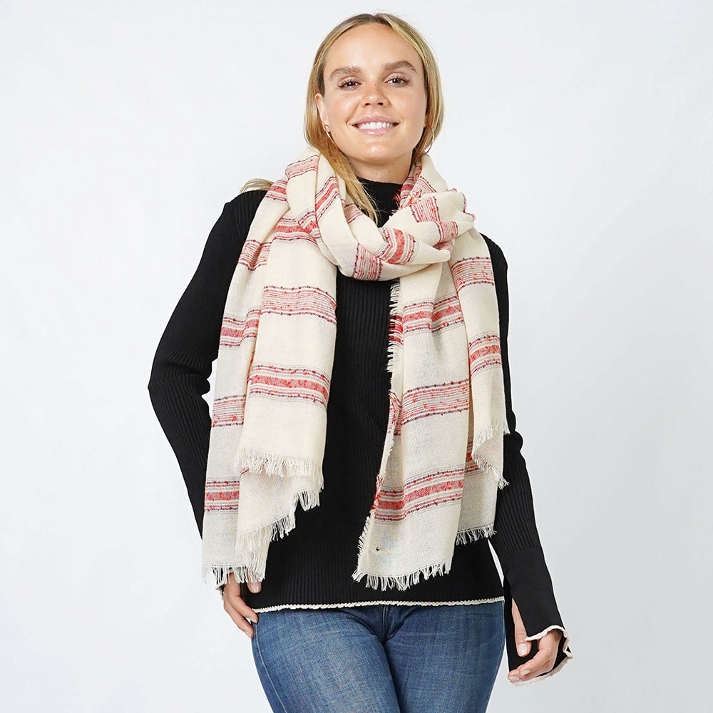 Stripe Woven Oblong Scarf/Shawl Ivory