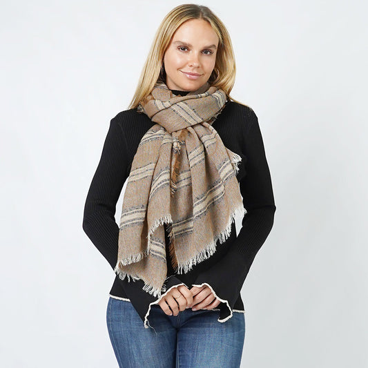 Stripe Woven Oblong Scarf/Shawl Taupe