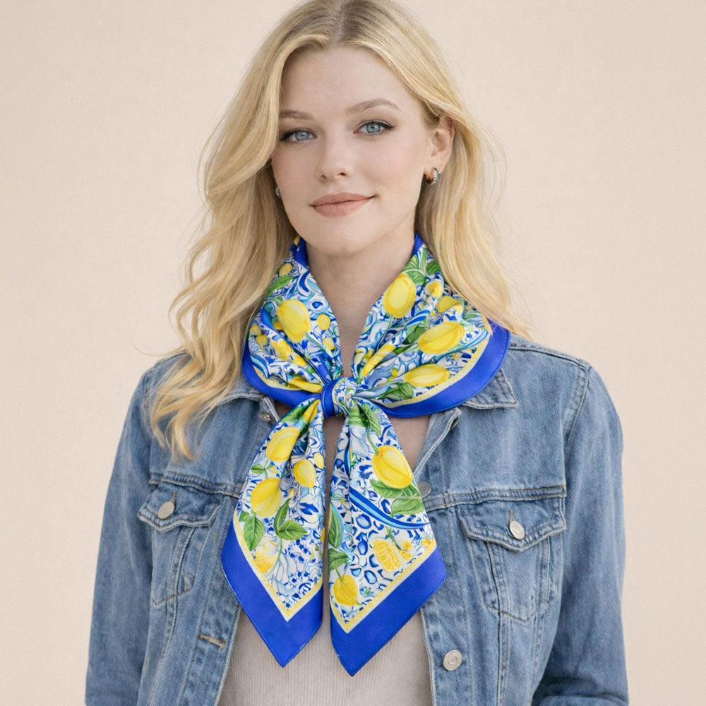 Mediterranean Lemon Tile Print Square Bandana Scarf