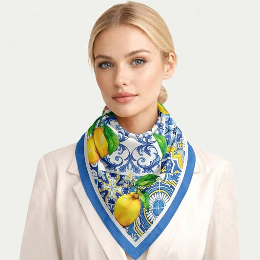 Mediterranean Lemon Tile Print Square Bandana Scarf