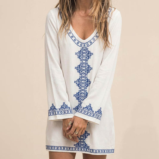 Embroidered Long Sleeves Boho Tunic Dress