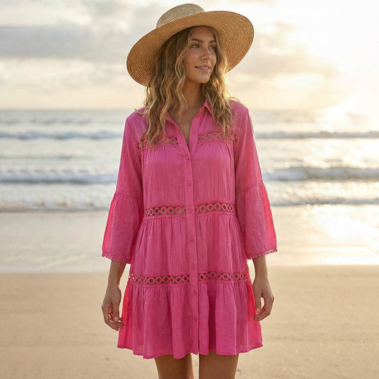 Button Front Lace Trim Beach Shirt Dress in Hot Pink
