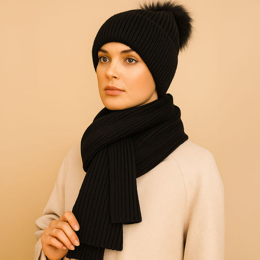 Soft Ribbed Knit Genuine Fur Pom Beanie Hat in Black