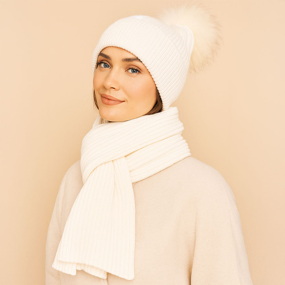 Soft Ribbed Knit Genuine Fur Pom Beanie Hat in White