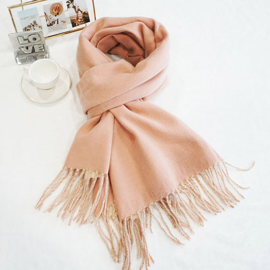 Two-Tone Cashmere Feel Fringe Edge Scarf Pink and Beige