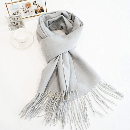Two-Tone Cashmere Feel Fringe Edge Scarf Grey and Off White