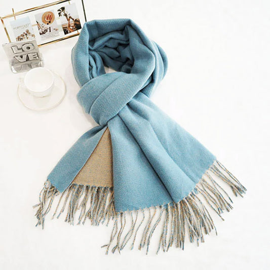 Two-Tone Cashmere Feel Fringe Edge Scarf Blue and Beige