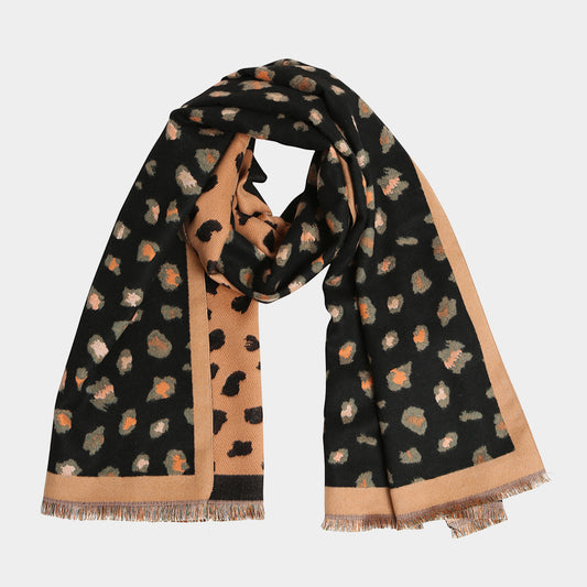 Leopard Pattern Fringe Oblong Scarf Black