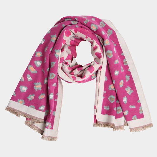 Leopard Pattern Fringe Oblong Scarf Fuchsia