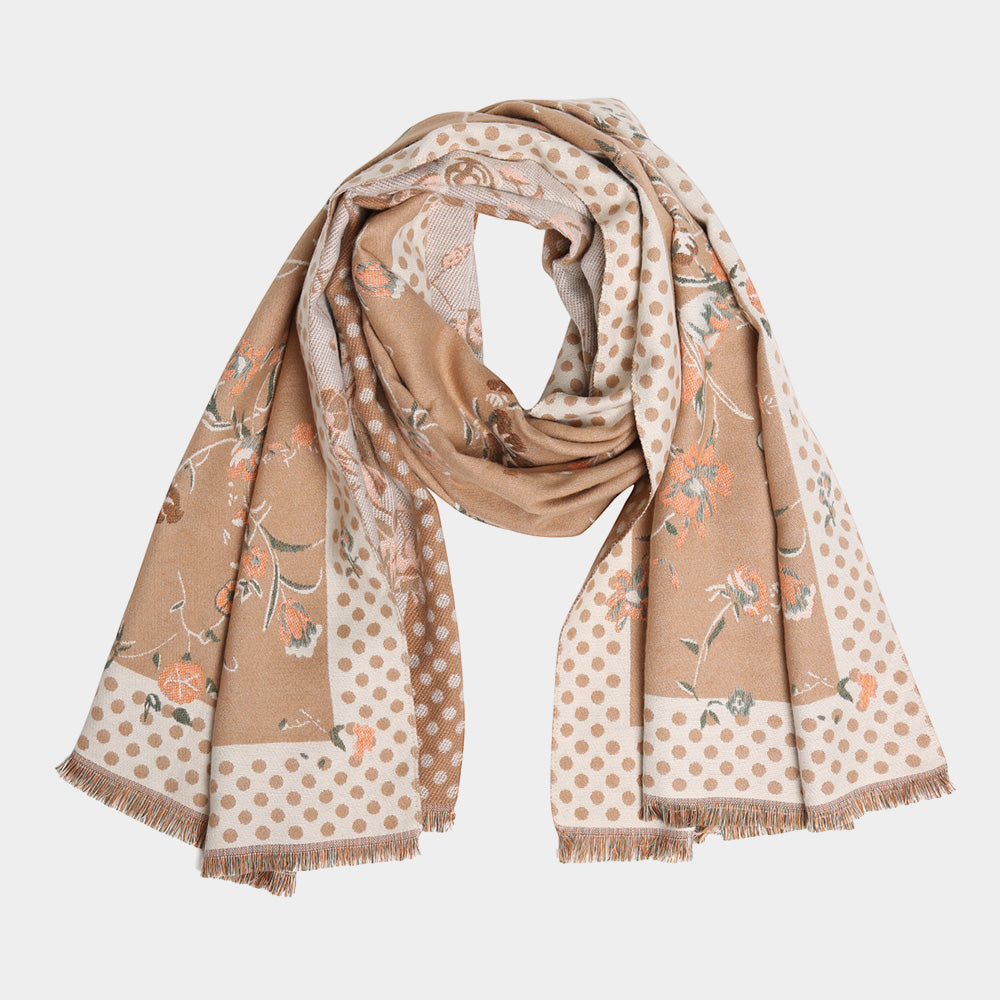 Floral Polka Dot Bordered Fringe Oblong Scarf in Beige