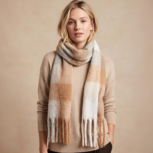 Oversized Soft Fringe Plaid Oblog Winter Scarf in Gray