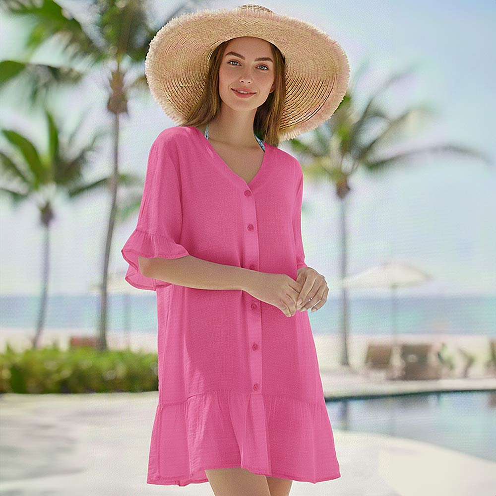 Button Front Ruffle Hem Beach Cover Up Dress in Hot Pink