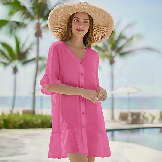 Button Front Ruffle Hem Beach Cover Up Dress in Hot Pink