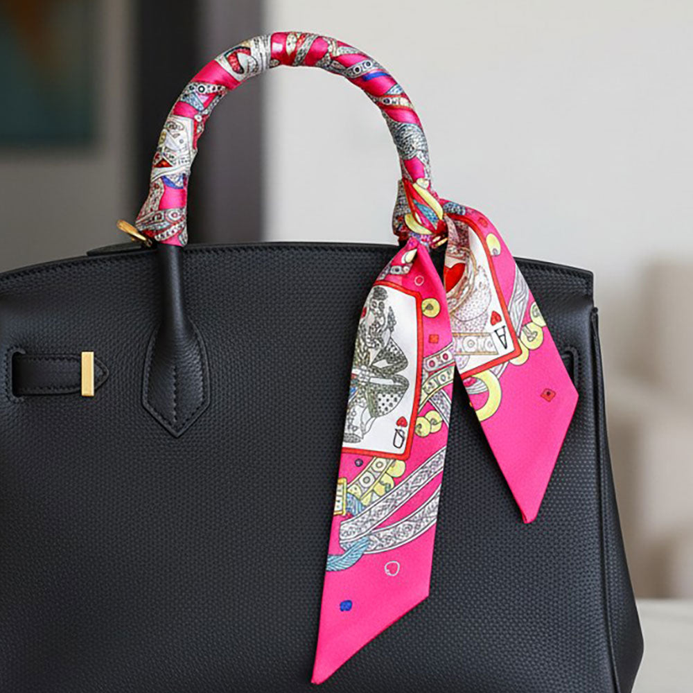 Abstract Playing Card Print Silky Twilly Skinny Scarf in Pink