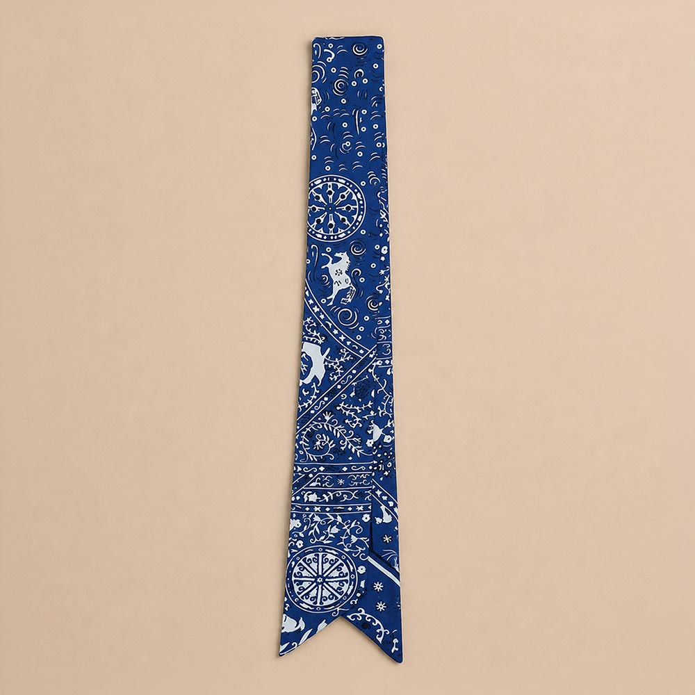 Paisley Bandana Print Skinny Twilly Scarf in Blue