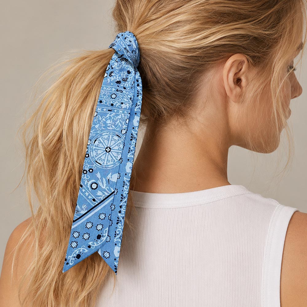 Paisley Bandana Print Skinny Twilly Scarf in Light Blue