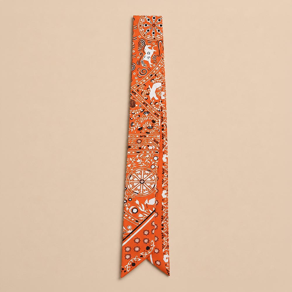 Paisley Bandana Print Skinny Twilly Scarf in Orange