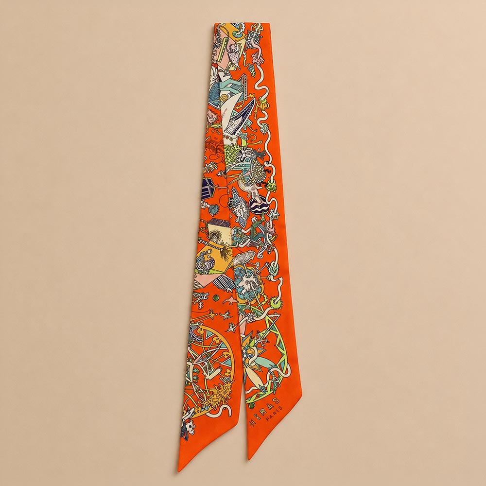 Vintage Circus Art Print Skinny Twilly Scarf in Orange