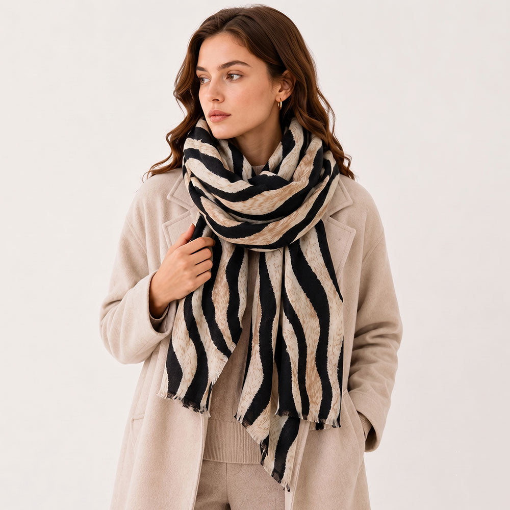 Oversized Zebra Pattern Print Wrap Scarf in Beige
