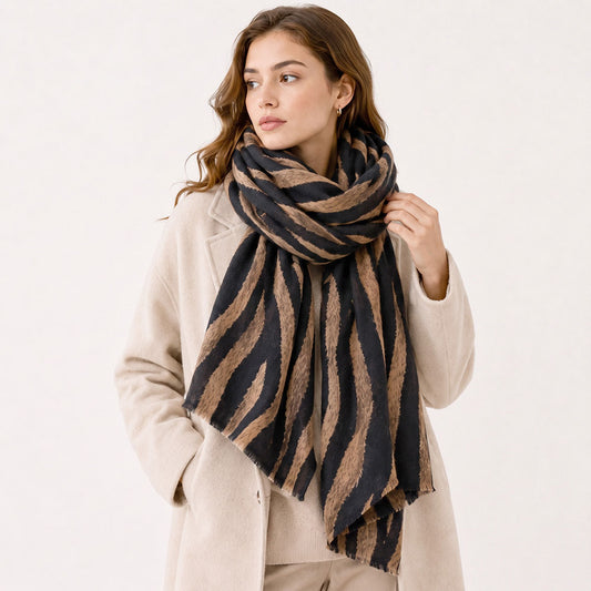 Oversized Zebra Pattern Print Wrap Scarf in Taupe