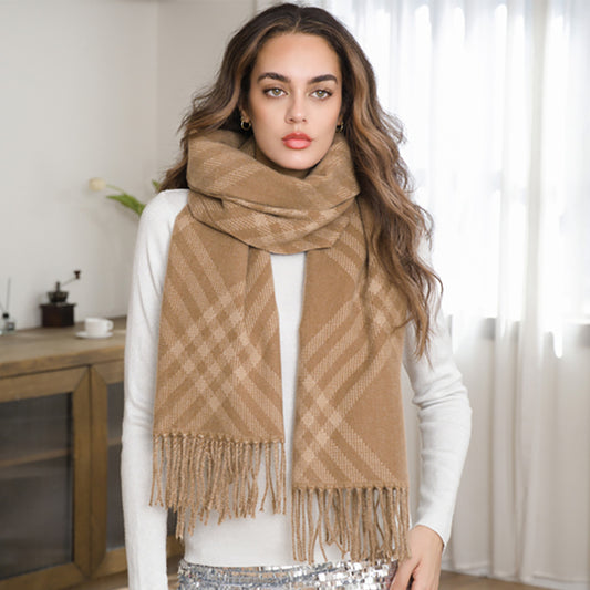 Plaid Pattern Fringe Winter Scarf