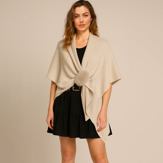 Fur Strap Trim Solid Knit Ruana Poncho