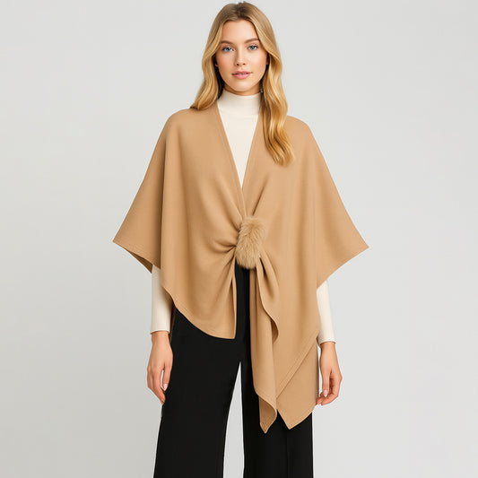 Fur Strap Trim Solid Knit Ruana Poncho