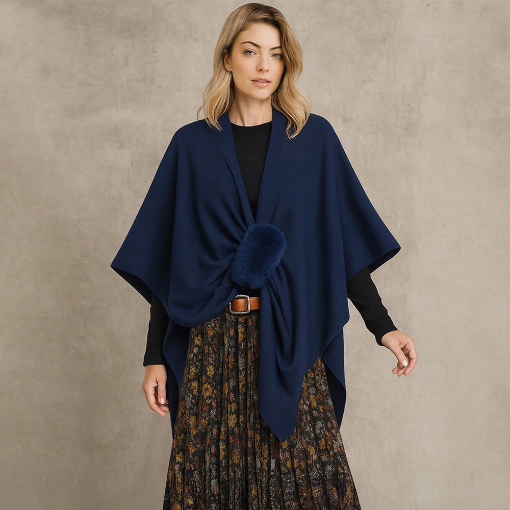 Fur Strap Trim Solid Knit Ruana Poncho
