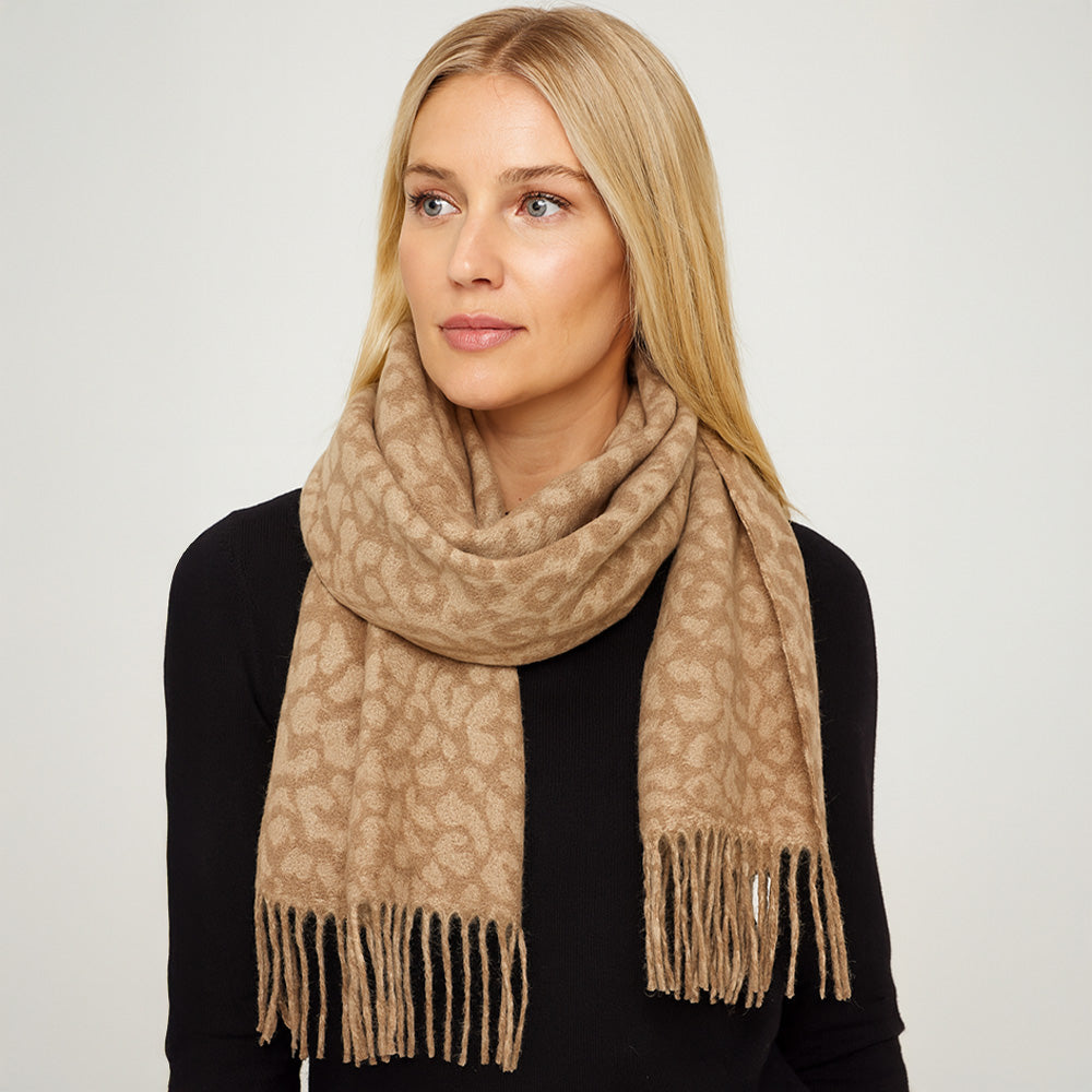 Leopard Print Fringe Scarf Camel