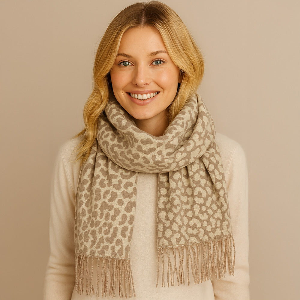 Leopard Print Fringe Scarf Ivoy